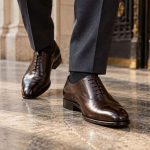 Homme en costume portant des chaussures richelieu en cuir marron foncé.