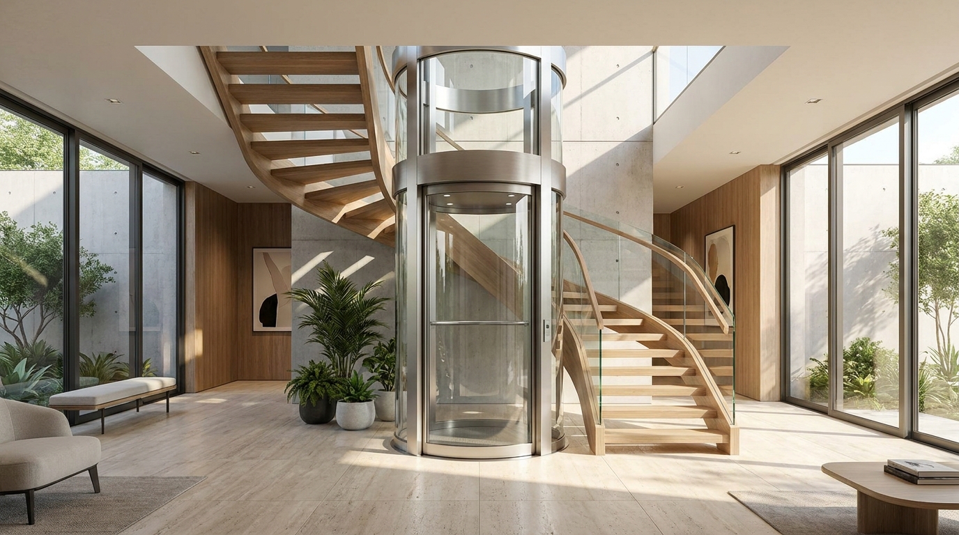 Ascenseur privatif vitré dans une maison contemporaine, hall lumineux